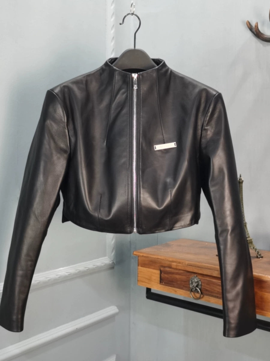Women's Streetwear Sweet-Cool Fall Winter Mandarin Collar High-Waist Leather Zip Jacket Casual Coat for Cold Weather Travel Outdoor Holiday
