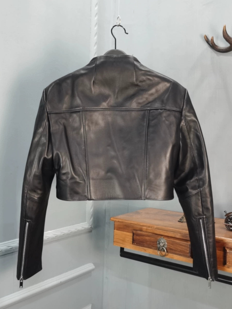 Women's Streetwear Sweet-Cool Fall Winter Mandarin Collar High-Waist Leather Zip Jacket Casual Coat for Cold Weather Travel Outdoor Holiday