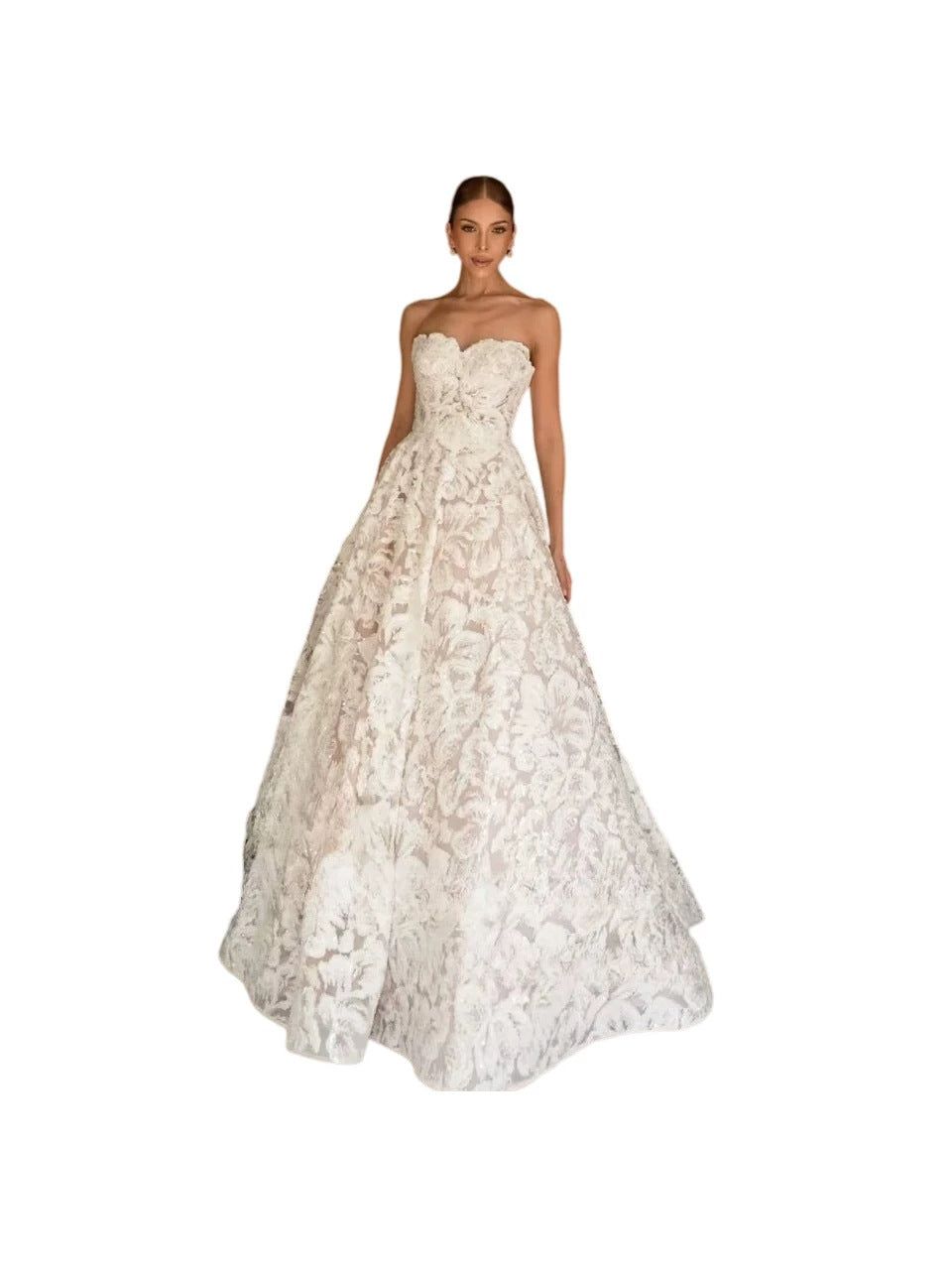 Strapless Floral Lace A-Line Ballgown Wedding Dress | Sweetheart Neck Floor Length Bridal Gown with Embroidery