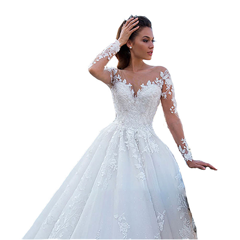Gaun Pengantin A-Line Lengan Panjang Illusion V-Neck dengan Aplikasi Bunga | Gaun Pengantin Ball Gown dengan Pilihan Ekor Chapel & Panjang Menyapu Lantai