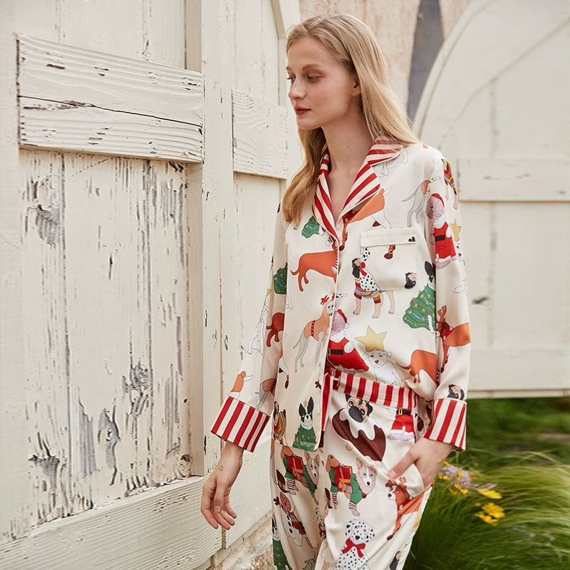 Satin Lapel Christmas Pajama Set for Women, Long Sleeve Holiday Loungewear and Elegant Home Sleepwear