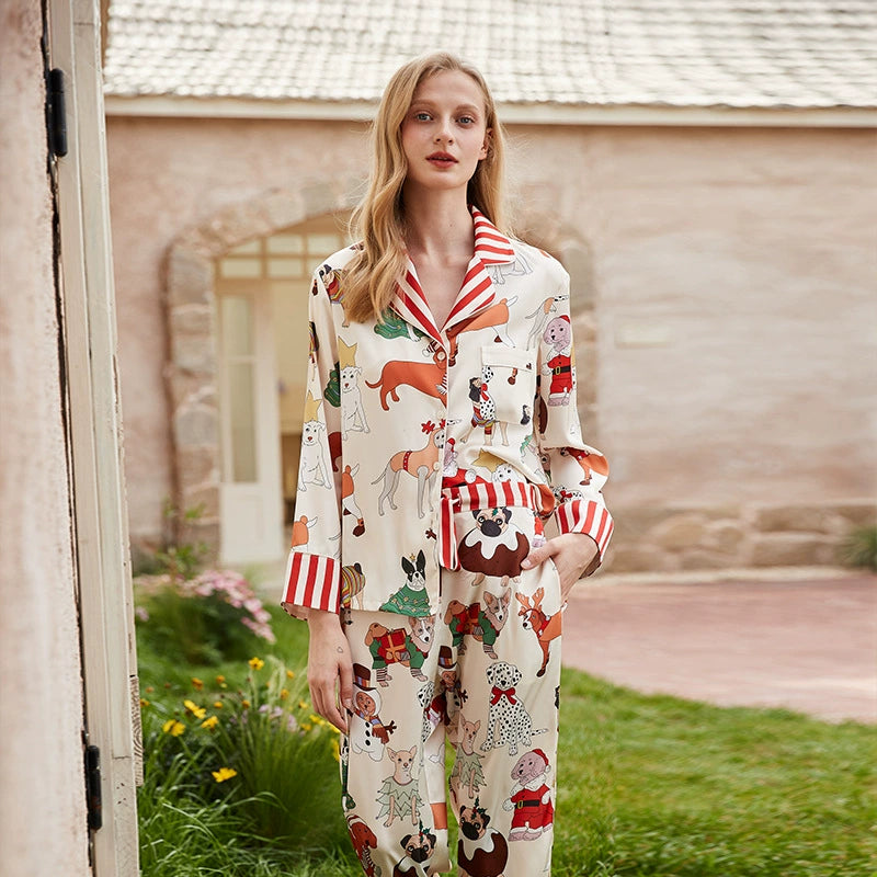 Satin Lapel Christmas Pajama Set for Women, Long Sleeve Holiday Loungewear and Elegant Home Sleepwear