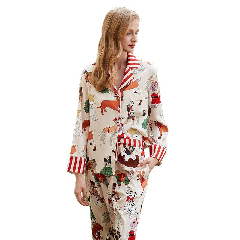 Satin Lapel Christmas Pajama Set for Women, Long Sleeve Holiday Loungewear and Elegant Home Sleepwear