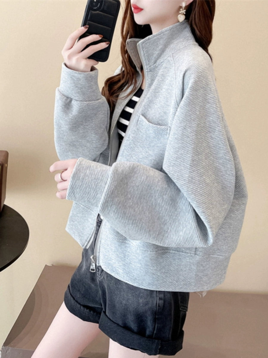 Women's Grey Mandarin Collar Oversized Cropped Trench Coat for Fall Layering Travel Office Holiday