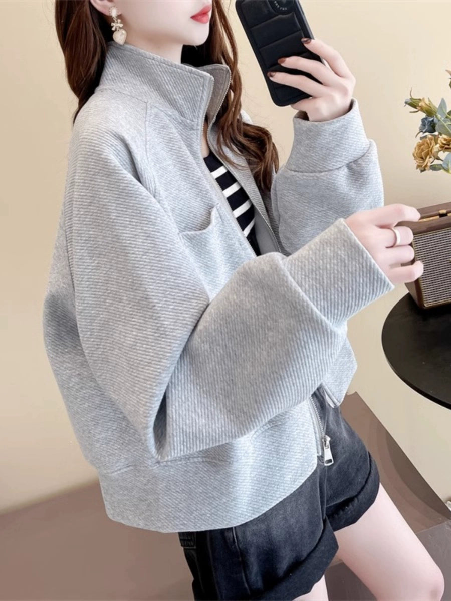 Women's Grey Mandarin Collar Oversized Cropped Trench Coat for Fall Layering Travel Office Holiday