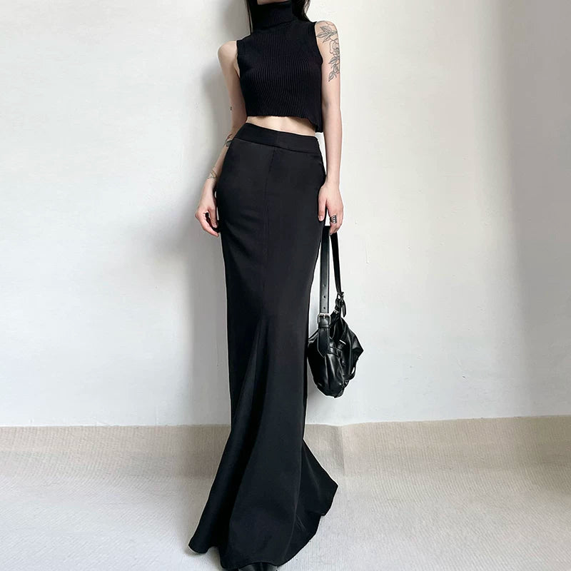 Women's Straight Black Longline Bodycon High-waist Slim-fit Skirt for Summer Outfits Office Weekend Slimming Everyday Date Night