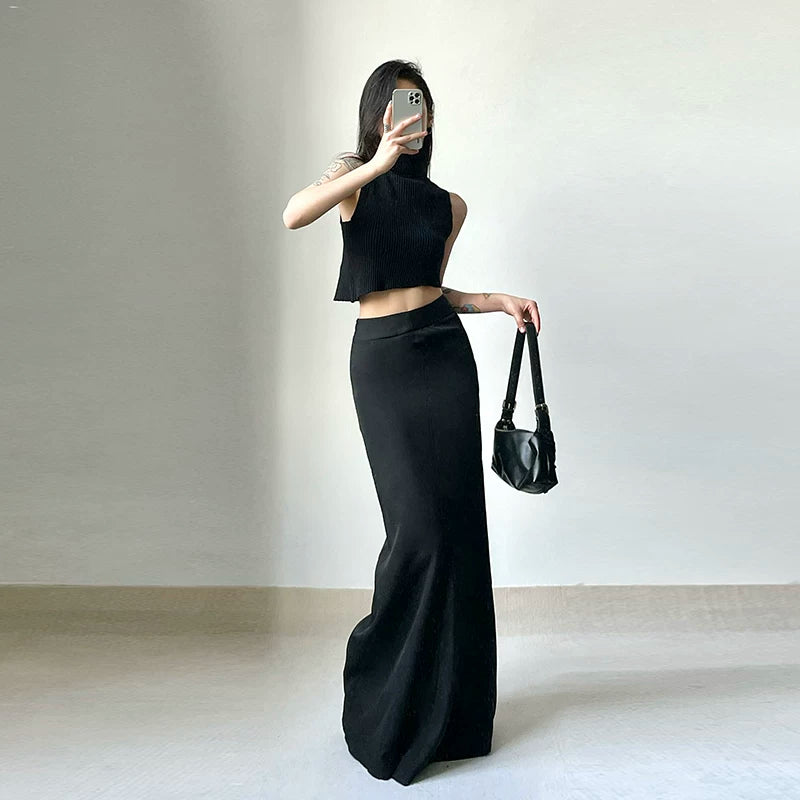 Women's Straight Black Longline Bodycon High-waist Slim-fit Skirt for Summer Outfits Office Weekend Slimming Everyday Date Night
