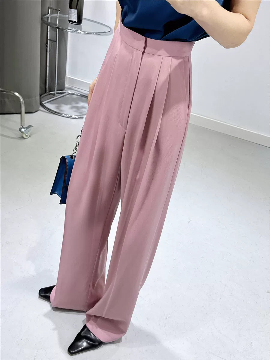 Women's Spring Summer Straight Pink Draped Workwear High-Waist Casual Wide-Leg Pants for Office Outfits Business Travel Comfort Weekend Everyday