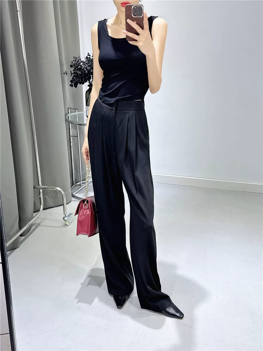 Women's Spring Summer Straight Pink Draped Workwear High-Waist Casual Wide-Leg Pants for Office Outfits Business Travel Comfort Weekend Everyday