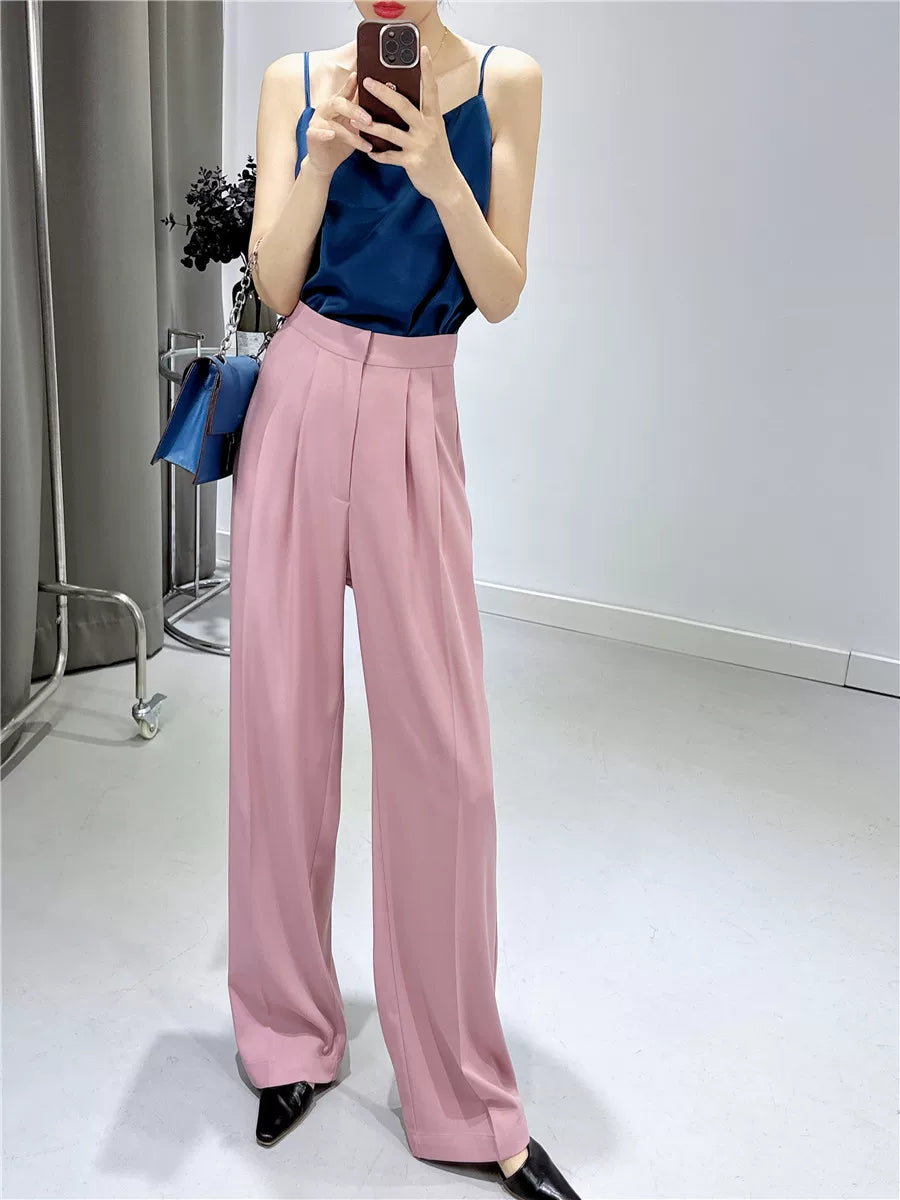 Women's Spring Summer Straight Pink Draped Workwear High-Waist Casual Wide-Leg Pants for Office Outfits Business Travel Comfort Weekend Everyday