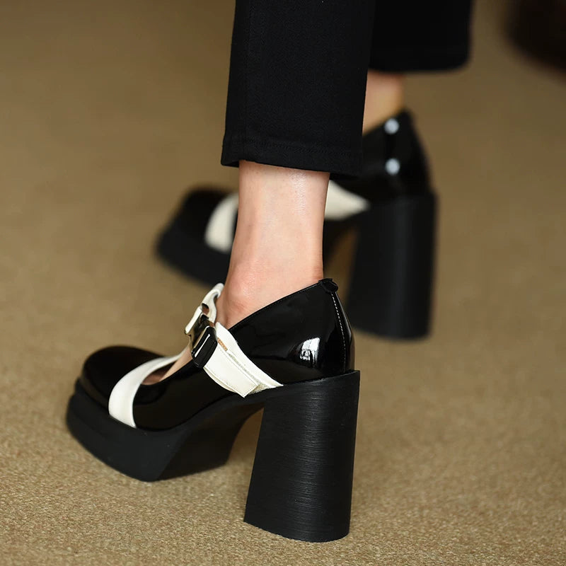 Women's Platform Patent Leather Block Heel High Heel Color-Block French-Inspired Pumps Closed-Toe Dress Heels Wedding Guest Cocktail Party