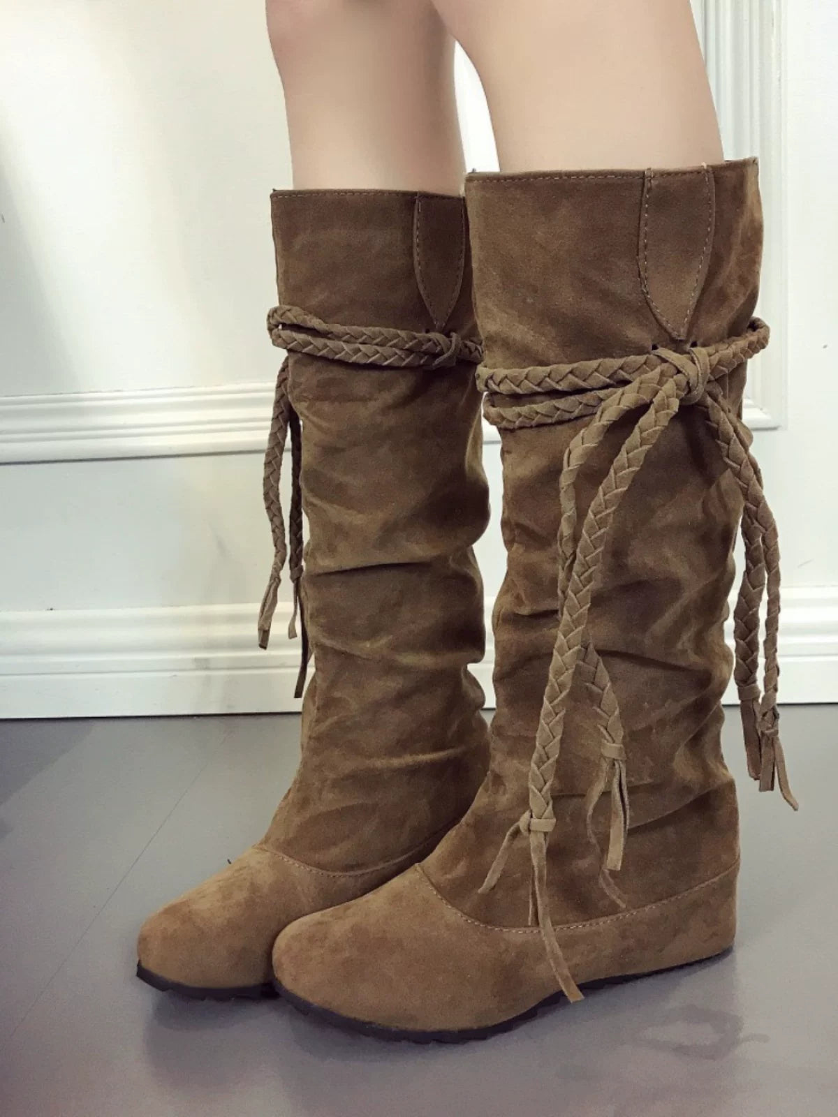 Women's Tassel Boho Hidden Lift Flat Tall Riding Boots for Fall Outfits Streetwear Winter Office and Weekend Everyday Wear