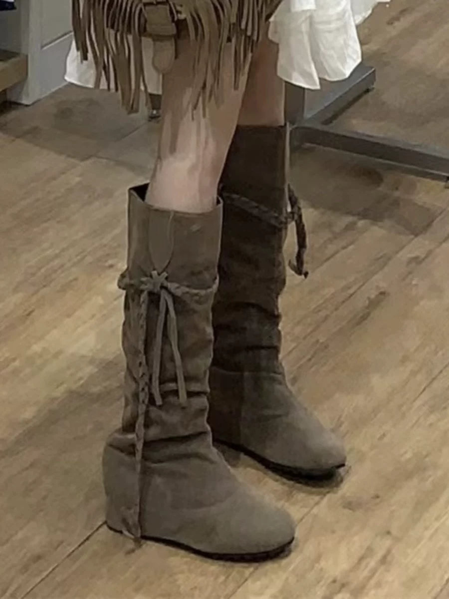 Women's Tassel Boho Hidden Lift Flat Tall Riding Boots for Fall Outfits Streetwear Winter Office and Weekend Everyday Wear