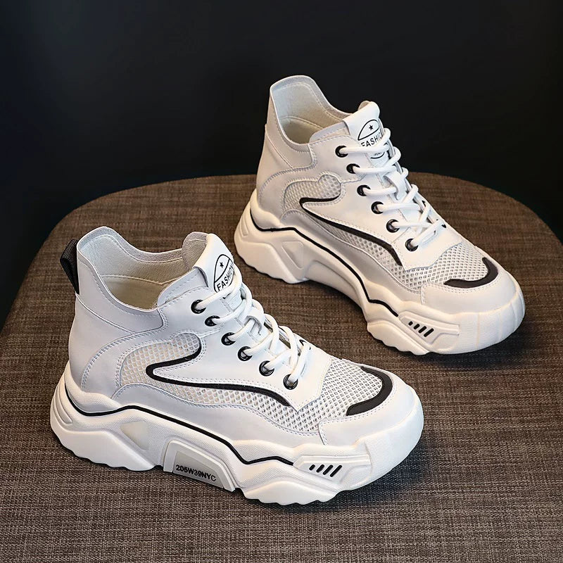 Chunky Sole Leather White Sneakers for Women