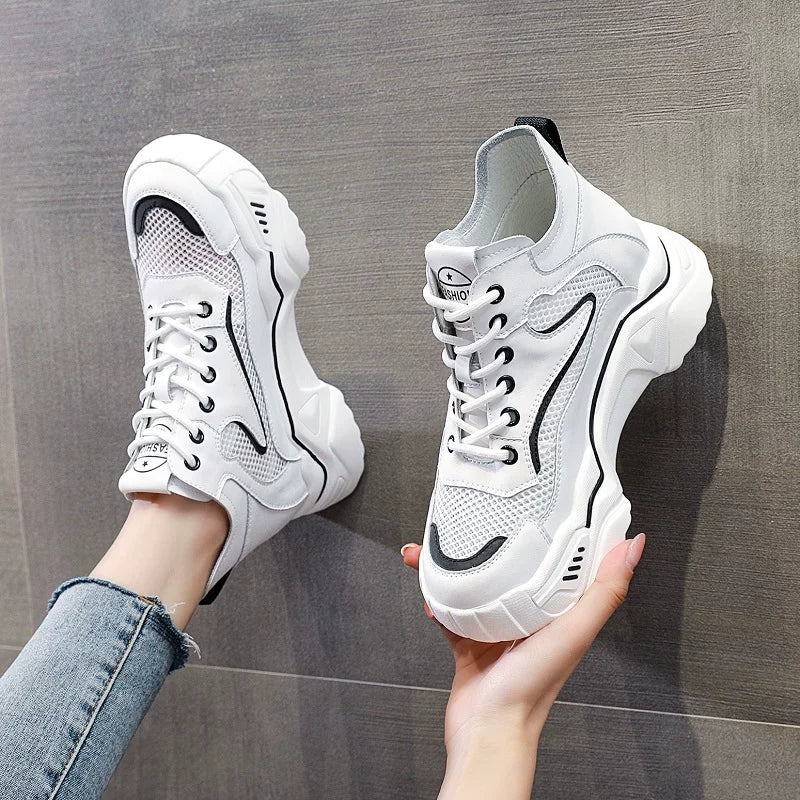 Chunky Sole Leather White Sneakers for Women
