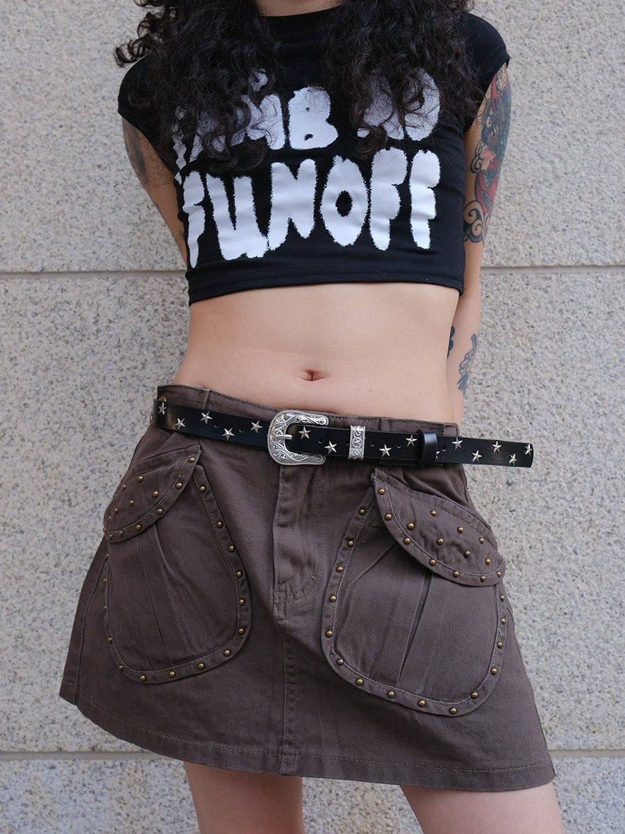 Women's Pin Buckle Embossed Skinny Star Studded Metal Leather Waist Belt for Date Night Gift Party Office Everyday