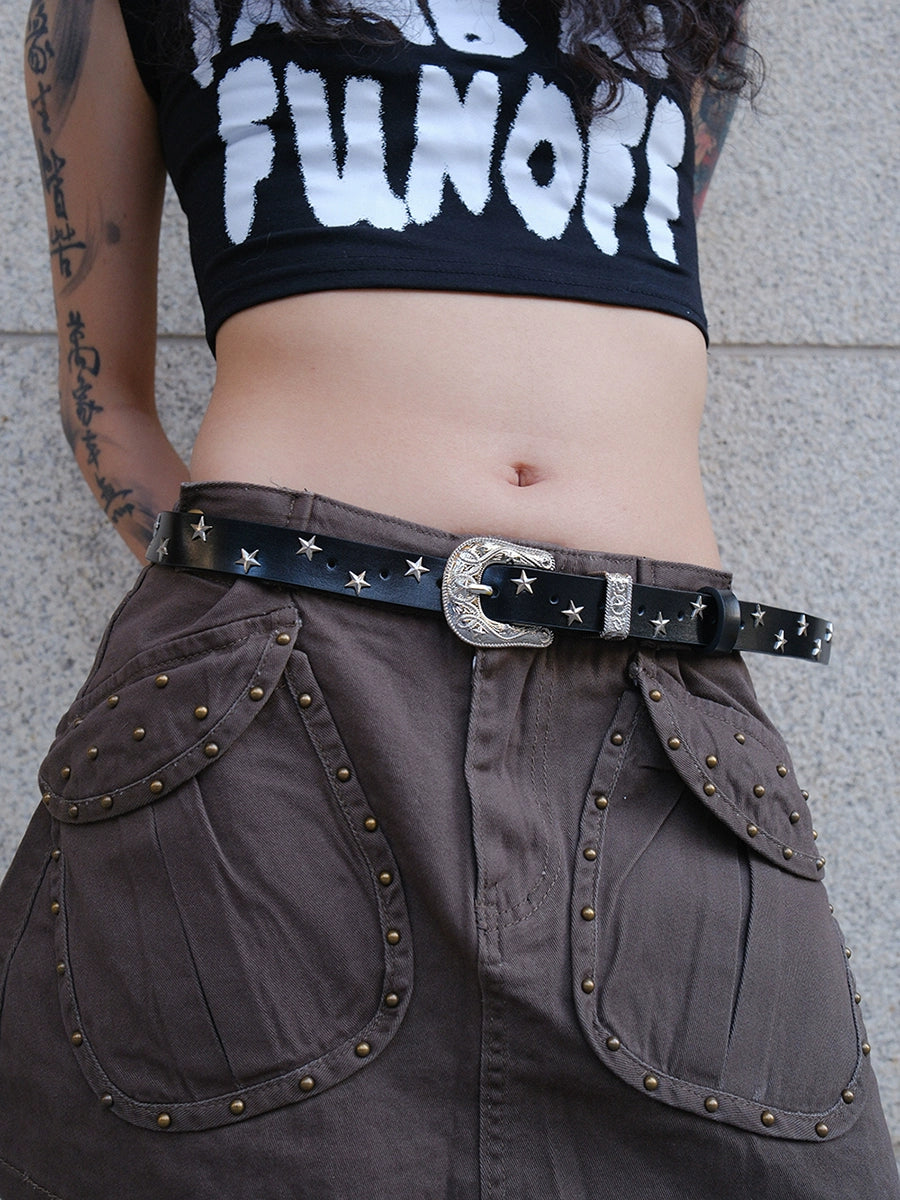 Women's Pin Buckle Embossed Skinny Star Studded Metal Leather Waist Belt for Date Night Gift Party Office Everyday