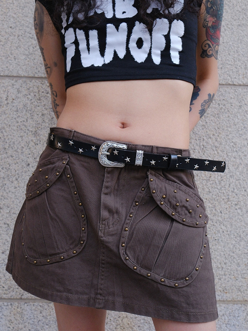 Women's Pin Buckle Embossed Skinny Star Studded Metal Leather Waist Belt for Date Night Gift Party Office Everyday