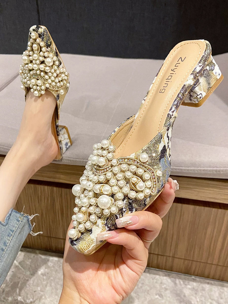 Pearl Block Heel Outdoor Mule Slippers for Women