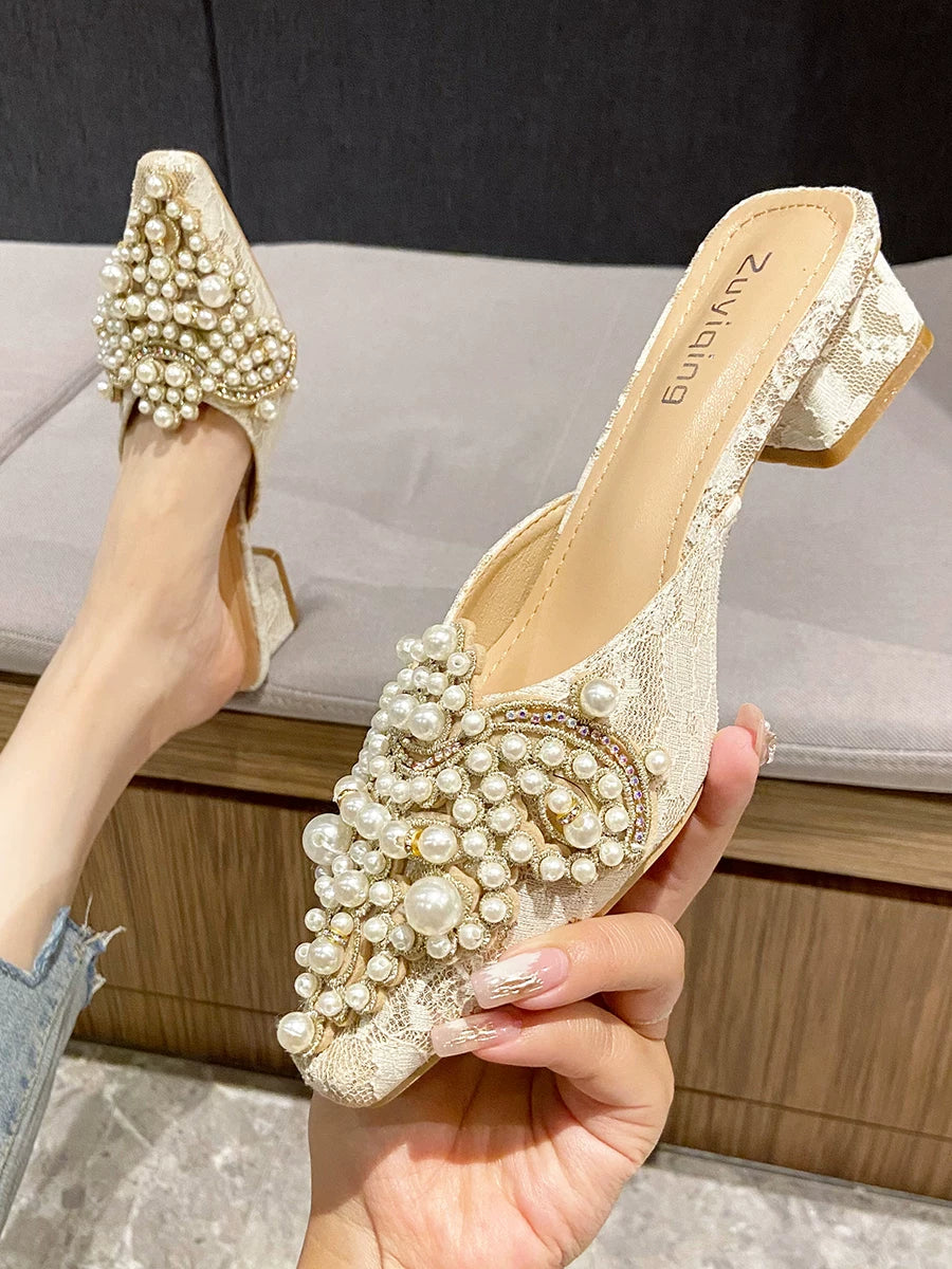 Pearl Block Heel Outdoor Mule Slippers for Women