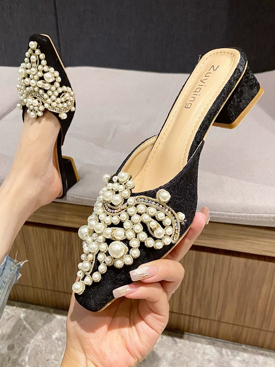 Pearl Block Heel Outdoor Mule Slippers for Women
