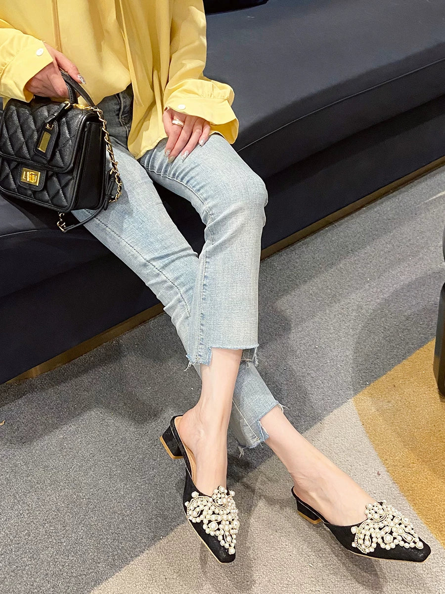 Pearl Block Heel Outdoor Mule Slippers for Women