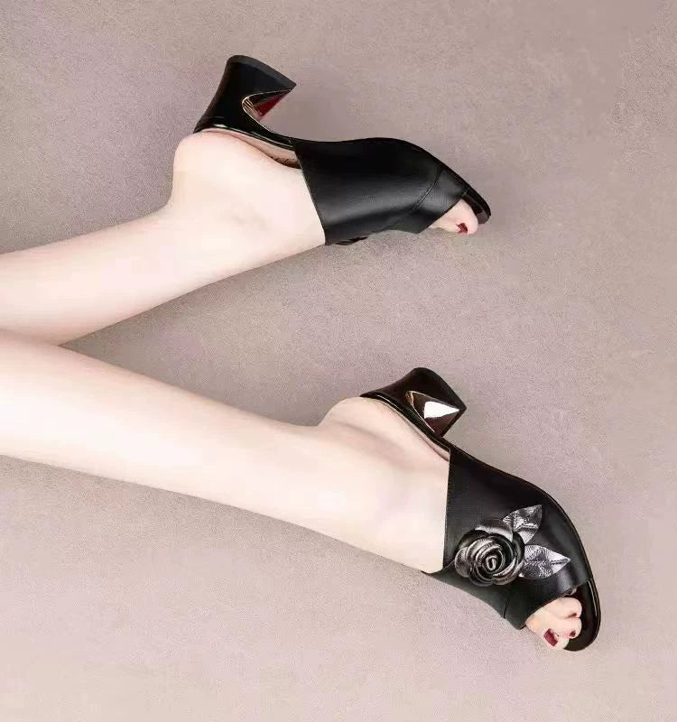 Leather Block Heel Outdoor Mule Slippers for Women
