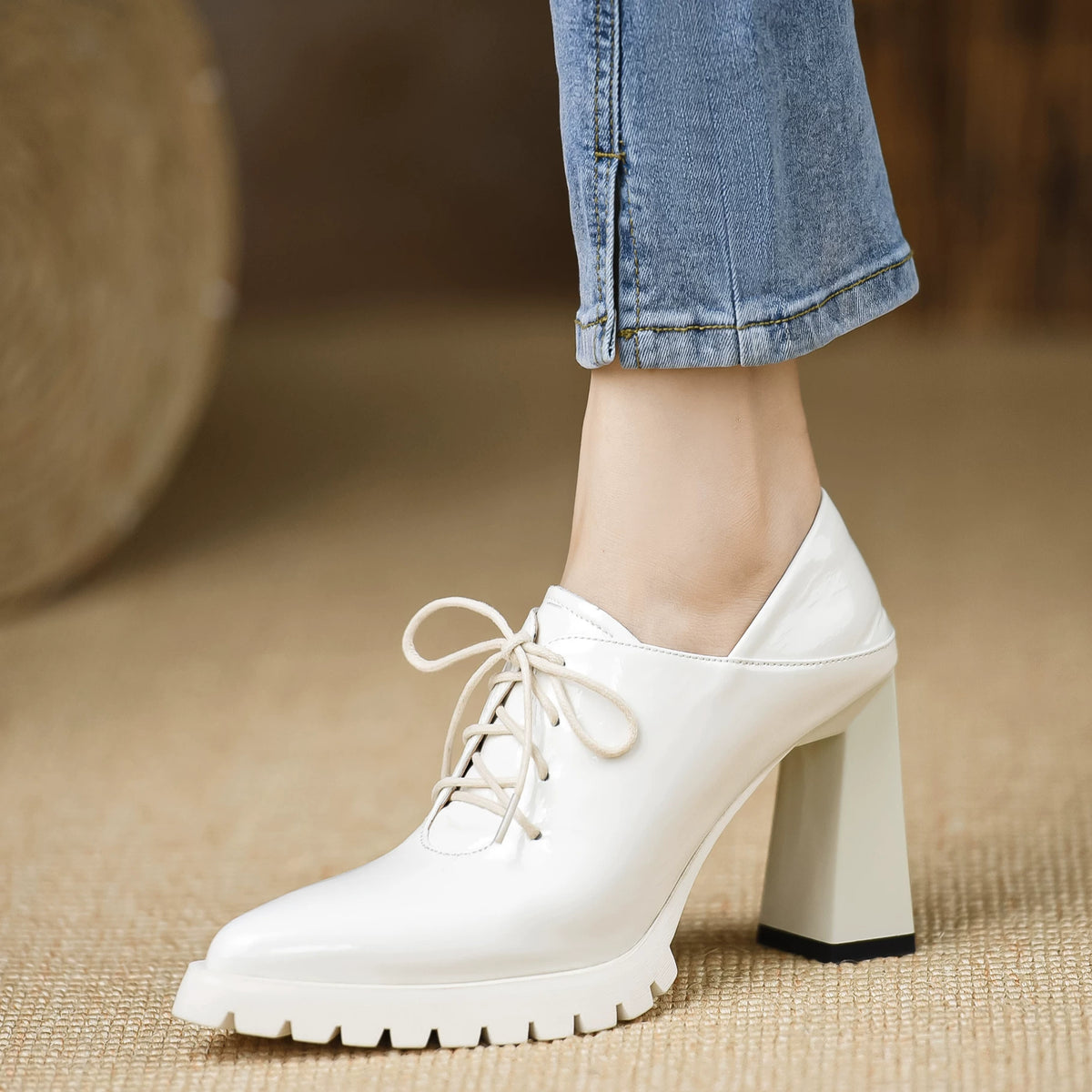 Women's Black Platform Patent Leather Block Heel High Heel Lace-Up Retro Pumps Closed-Toe Dress Heels Wedding Guest Cocktail Party