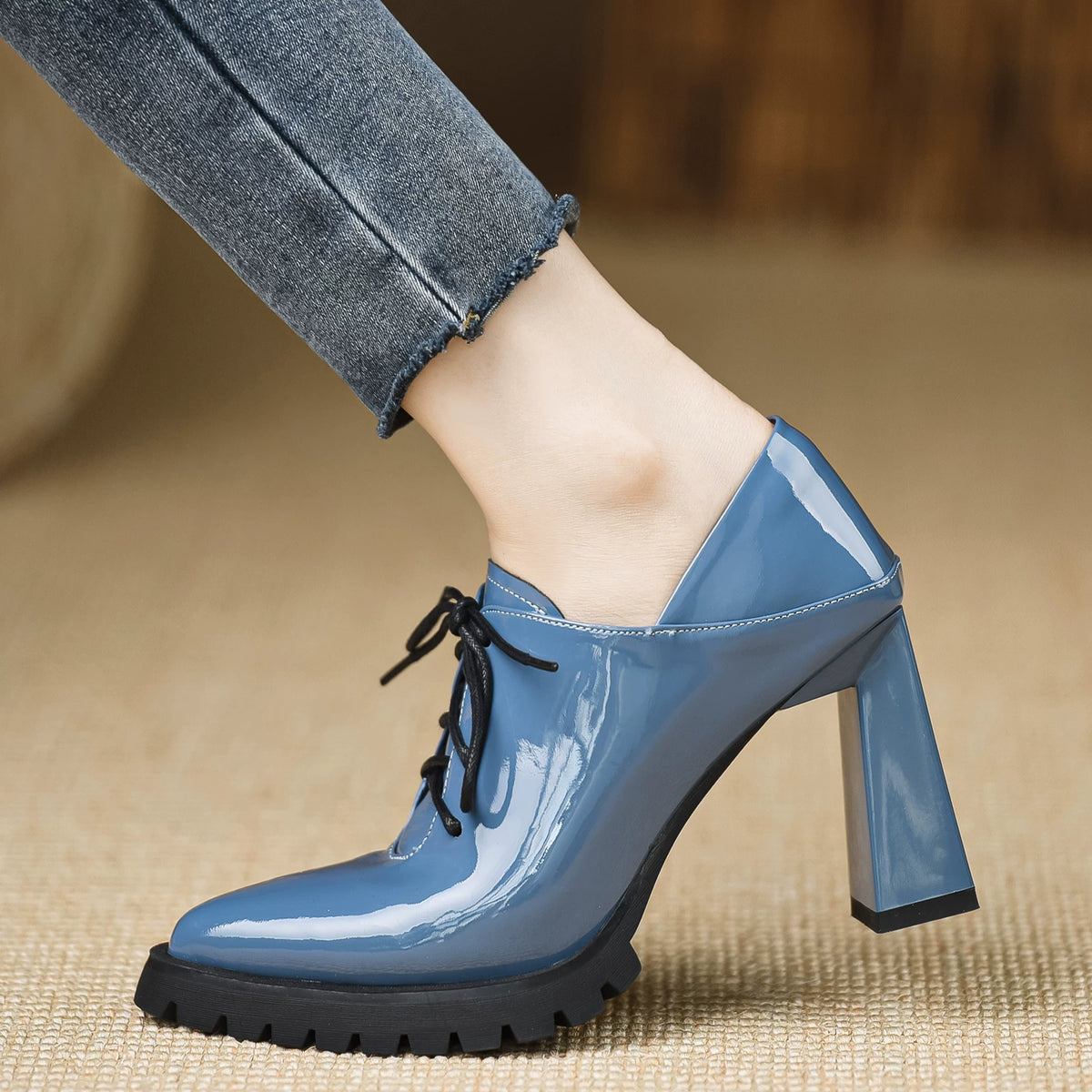 Women's Black Platform Patent Leather Block Heel High Heel Lace-Up Retro Pumps Closed-Toe Dress Heels Wedding Guest Cocktail Party