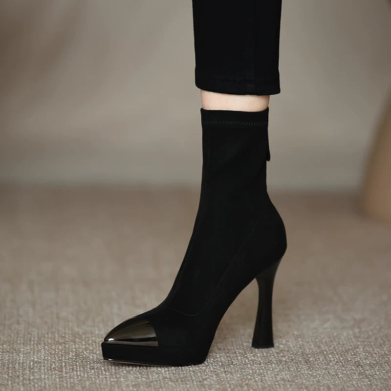 Women's Fall Winter Chunky Sole Pointed Toe Block Heel High Heel Slim Ankle Boots for Office and Weekend Streetwear Everyday Wear Date Night Wedding Guest
