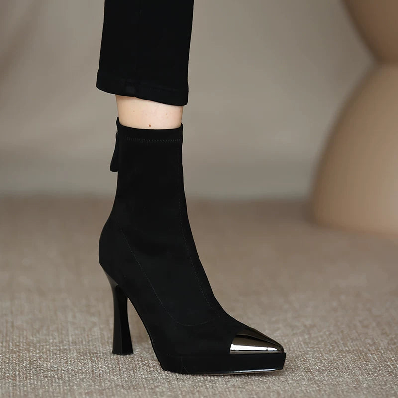 Women's Fall Winter Chunky Sole Pointed Toe Block Heel High Heel Slim Ankle Boots for Office and Weekend Streetwear Everyday Wear Date Night Wedding Guest