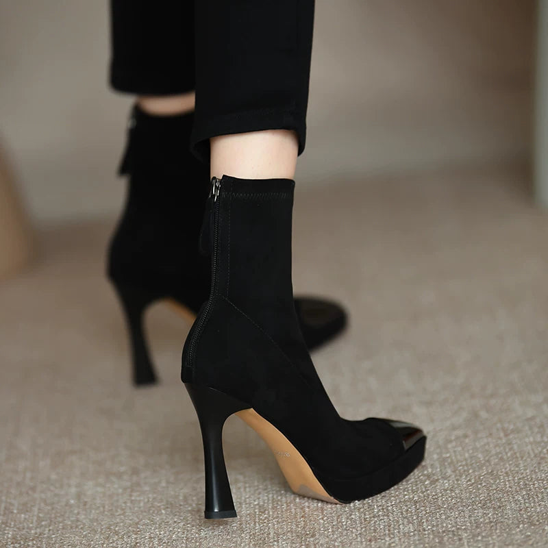 Women's Fall Winter Chunky Sole Pointed Toe Block Heel High Heel Slim Ankle Boots for Office and Weekend Streetwear Everyday Wear Date Night Wedding Guest