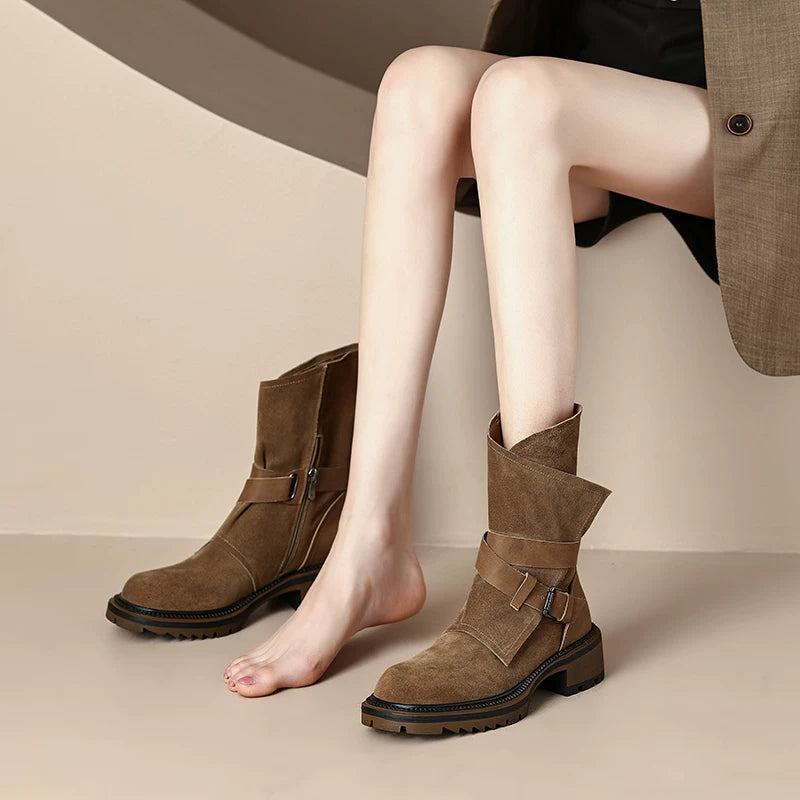 Women's Frosted Western Cowboy Brown Chunky Sole Suede Round Toe Block Heel Retro Martin Combat Boots for Fall Outfits Streetwear Winter Office and Weekend