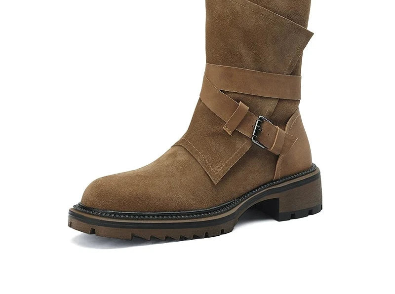 Women's Frosted Western Cowboy Brown Chunky Sole Suede Round Toe Block Heel Retro Martin Combat Boots for Fall Outfits Streetwear Winter Office and Weekend