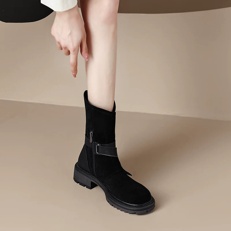 Women's Frosted Western Cowboy Brown Chunky Sole Suede Round Toe Block Heel Retro Martin Combat Boots for Fall Outfits Streetwear Winter Office and Weekend