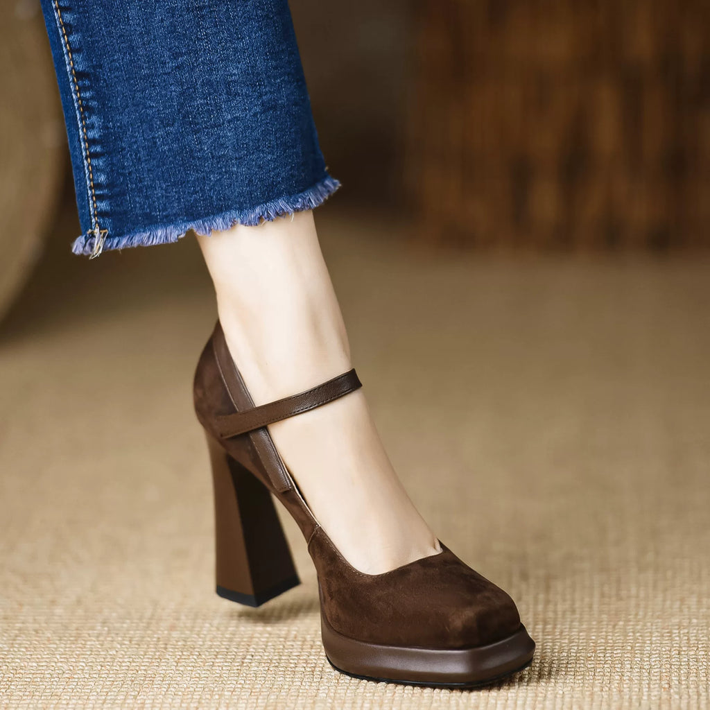 Women's Frosted Durable Platform Leather Suede Block Heel Lift Pumps Closed-Toe Dress Heels Wedding Guest Cocktail Party