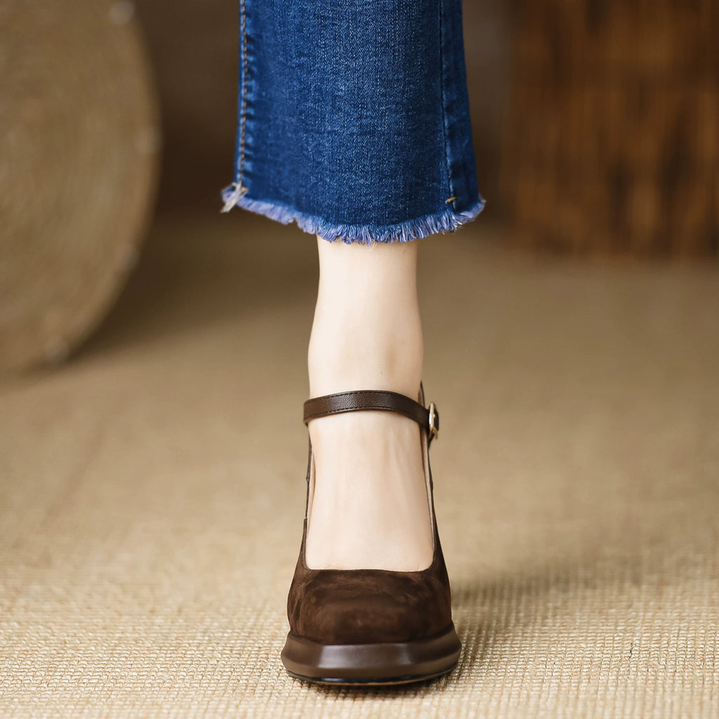 Women's Frosted Durable Platform Leather Suede Block Heel Lift Pumps Closed-Toe Dress Heels Wedding Guest Cocktail Party