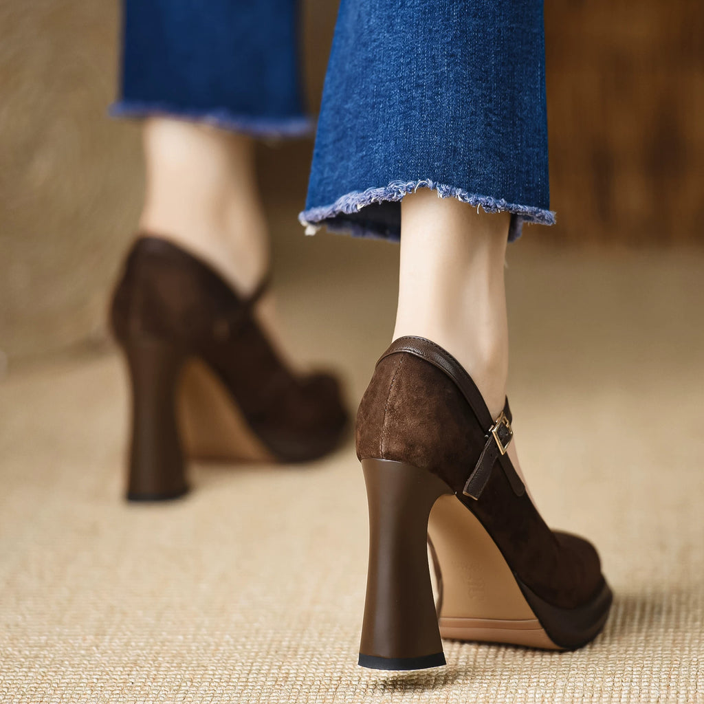 Women's Frosted Durable Platform Leather Suede Block Heel Lift Pumps Closed-Toe Dress Heels Wedding Guest Cocktail Party
