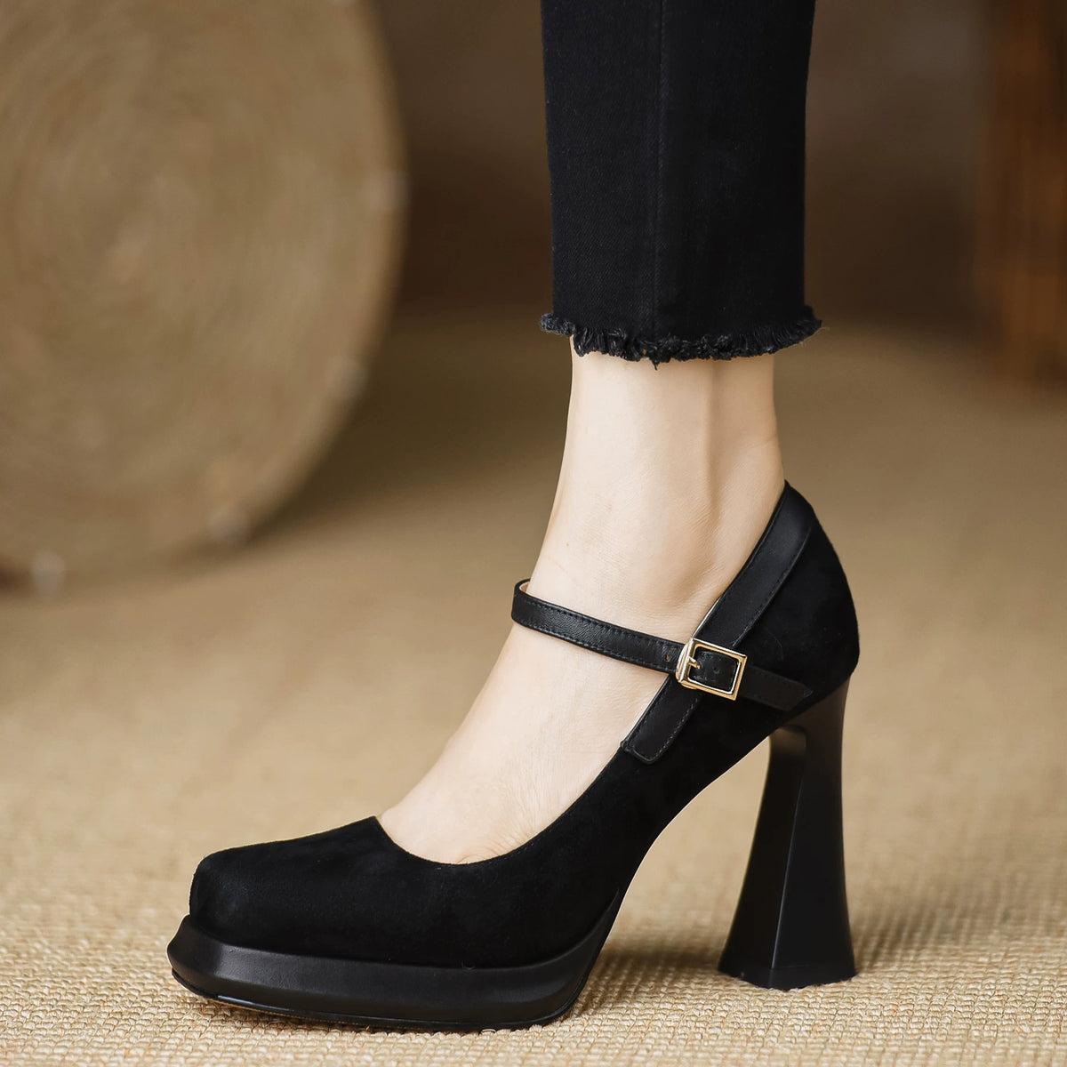 Women's Frosted Durable Platform Leather Suede Block Heel Lift Pumps Closed-Toe Dress Heels Wedding Guest Cocktail Party