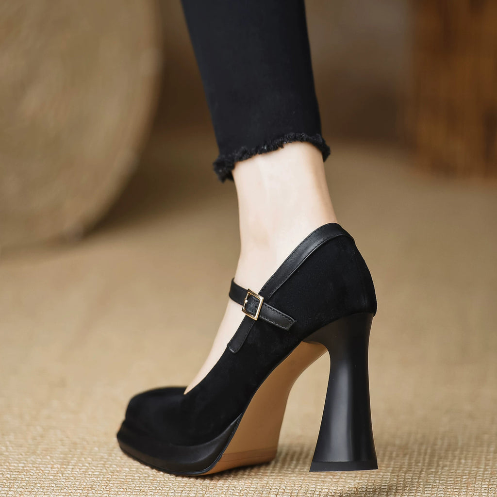 Women's Frosted Durable Platform Leather Suede Block Heel Lift Pumps Closed-Toe Dress Heels Wedding Guest Cocktail Party