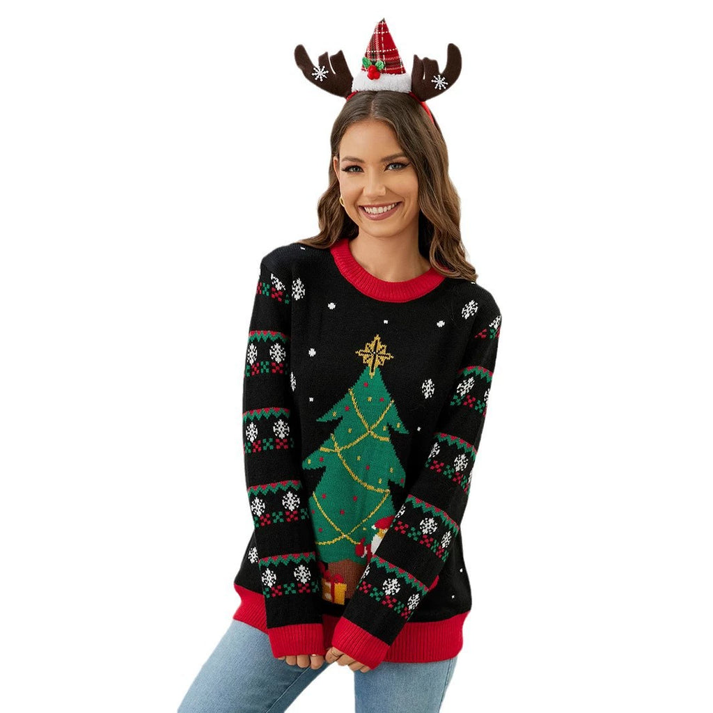 Santa and Tree Jacquard LED Sweater, Women's Light-Up Holiday Knit Pullover for Festive Wear