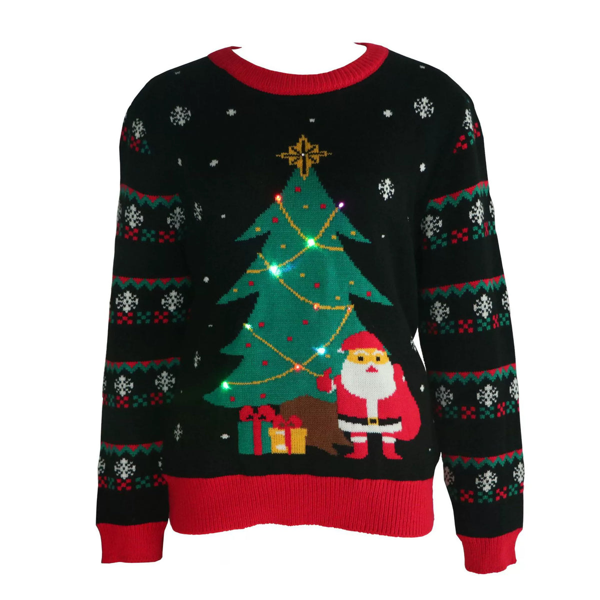 Santa and Tree Jacquard LED Sweater, Women's Light-Up Holiday Knit Pullover for Festive Wear