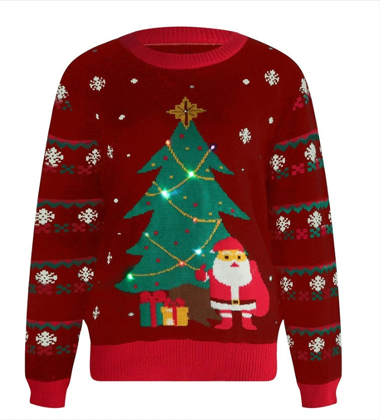 Santa and Tree Jacquard LED Sweater, Women's Light-Up Holiday Knit Pullover for Festive Wear