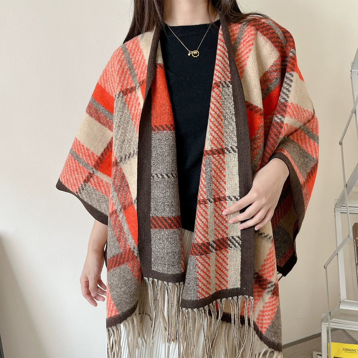 Women's Ethnic Fall Winter Plaid Knit Shawl for Office and Travel Evening Gift Everyday Wear Holiday Gift