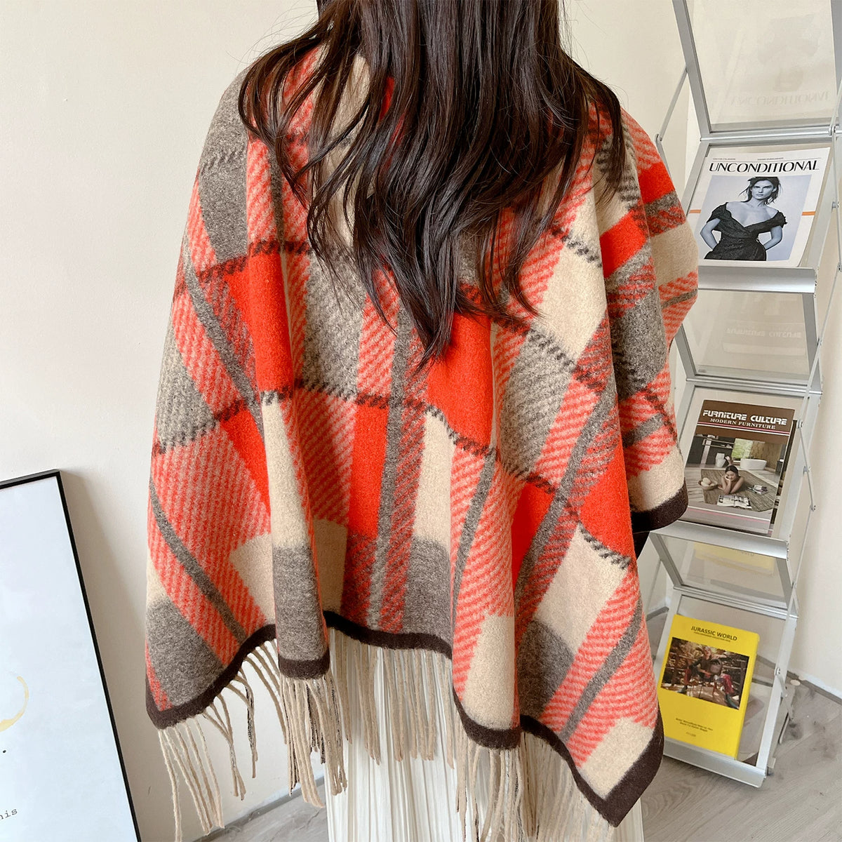 Women's Ethnic Fall Winter Plaid Knit Shawl for Office and Travel Evening Gift Everyday Wear Holiday Gift