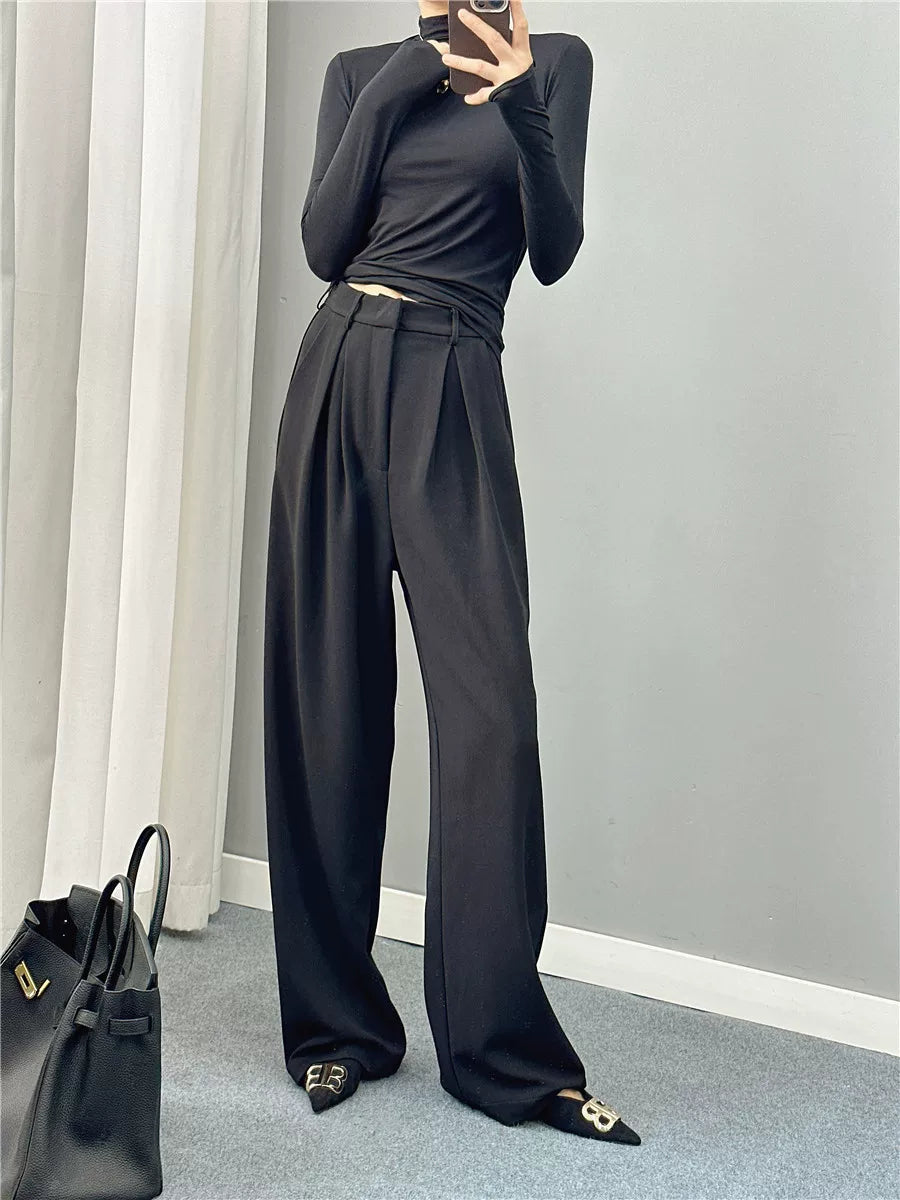 Women's Black Workwear Oversized Slim-fit Wide-leg Pants for Office Outfits Business Casual Travel Comfort Slimming Weekend Everyday