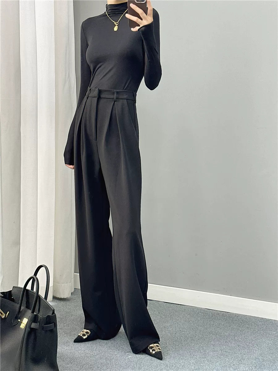 Women's Black Workwear Oversized Slim-fit Wide-leg Pants for Office Outfits Business Casual Travel Comfort Slimming Weekend Everyday