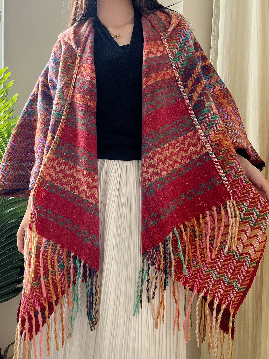 Women's Ethnic Fall Winter with Hood Fleece-Lined Knit Shawl for Office and Travel Evening Gift Holiday Gift