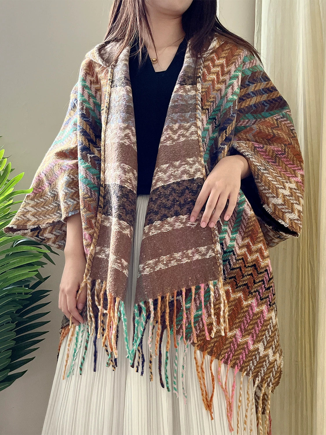 Women's Ethnic Fall Winter with Hood Fleece-Lined Knit Shawl for Office and Travel Evening Gift Holiday Gift
