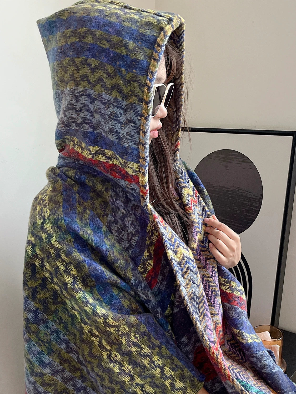 Women's Ethnic Fall Winter with Hood Fleece-Lined Knit Shawl for Office and Travel Evening Gift Holiday Gift